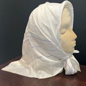 Vintage Large Satin White Scarf with Blue & Pink Pinstripes